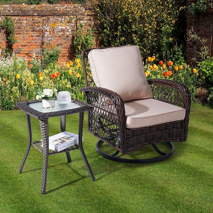 VINGLI Outdoor Side Table with Storage Wicker Patio Side Table, Tempered Glass Top End Table for Balcony Porch Deck (Grey)