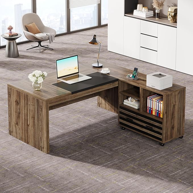 Tribesigns 62.2" Executive Desk with Mobile File Cabinet, L-Shaped Office Desk with Storage Shelves, Large Computer Desk Business Workstation Set for Home Office, Light Brown