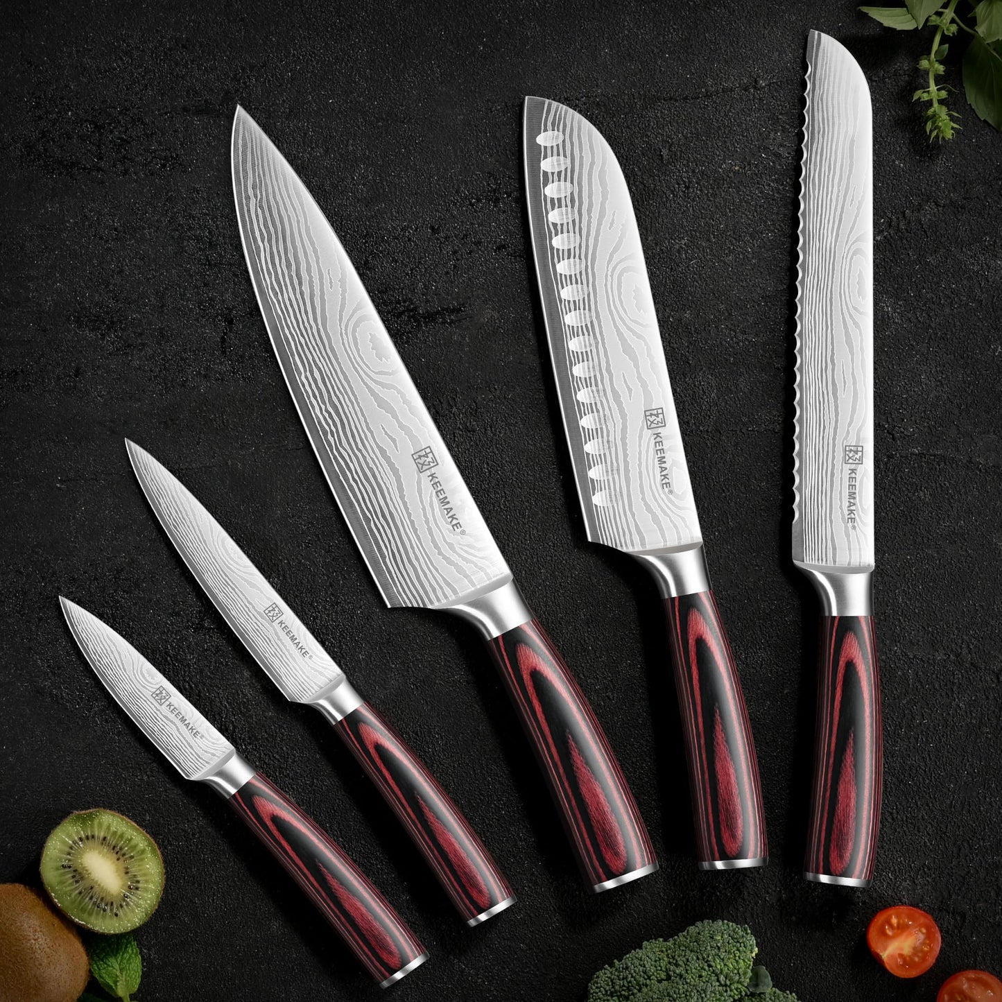 KEEMAKE Knife Set 5 Pieces, Professional Kitchen Knife Set, High Carbon Stainless Steel Chef Knife Set, Ultra Sharp Blade Knives Set for Kitchen with Ergonomic Pakkawood Handle & Gift Box