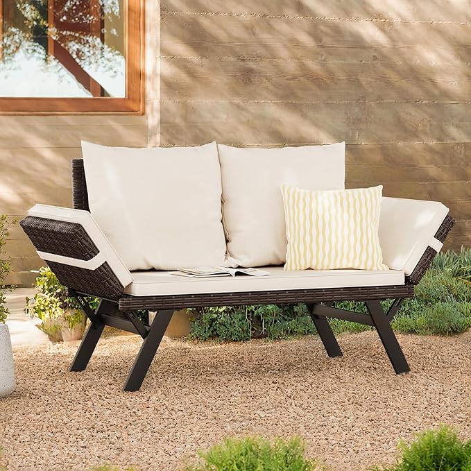 Flamaker Outdoor Convertible Sofa, Woven Rattan Patio Furniture Sunbed with Adjustable Armrests, Removable Cushions and Pillows for Patio, Porch, Pool (Brown Lounger & Beige Pillowcase)