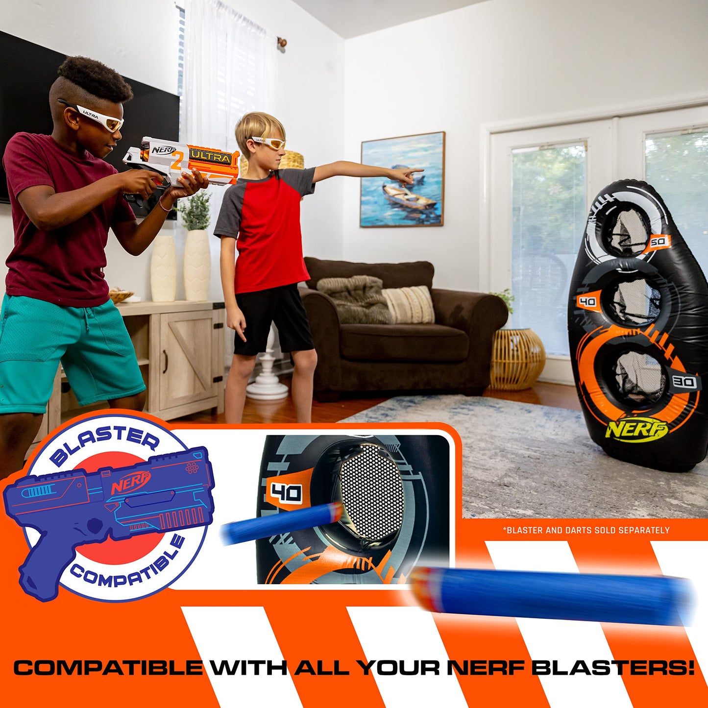 NERF Inflatable Target Set - Proshot Kids Football Blaster Game Set - 50" Standing Pop Up Target, Black/Orange/Gray