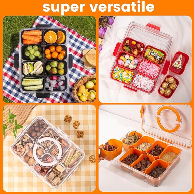 Divided Serving Tray with Lid and Handle - Snackle Box Charcuterie Container for Portable Snack Platters Organizer for Candy, Fruits, Nuts, Snacks - Perfect for Party, Entertaining, Lake blue