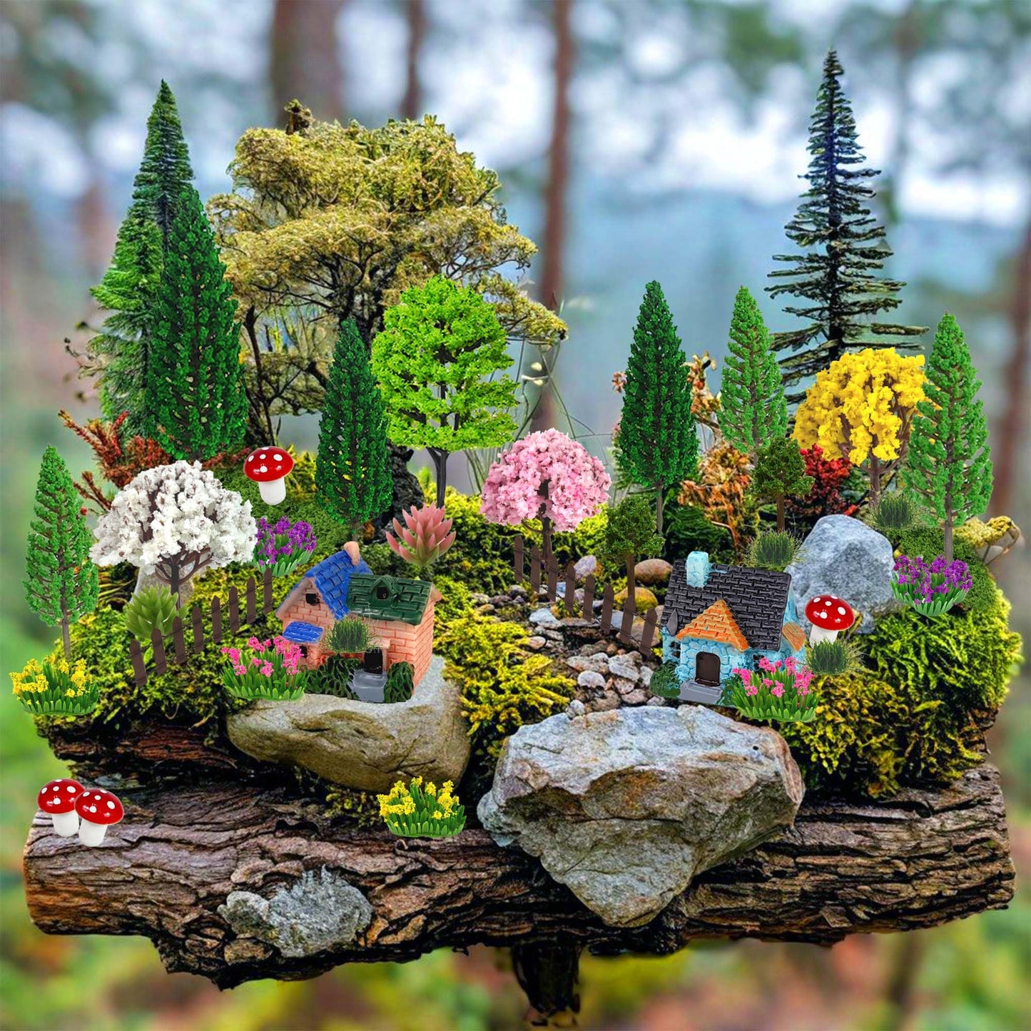 MOMOONNON 36pcs Garden Diorama Mini Garden Accessories Set Mixed Model Trees Flowers for Crafts Building Model Railway Fairy Scenery Landscape Supplies
