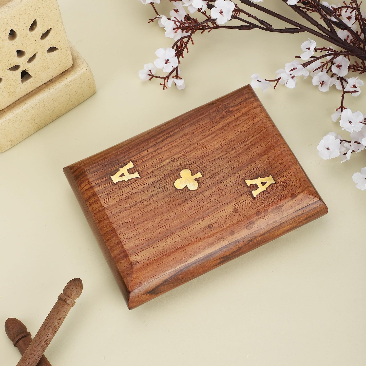 Ajuny Handcrafted Wooden Double Deck Playing Card Box Holder Decorative Storage Case Organizer With 2 Set of Playing Cards Anniversary Housewarming Gifts (15x12 cm)