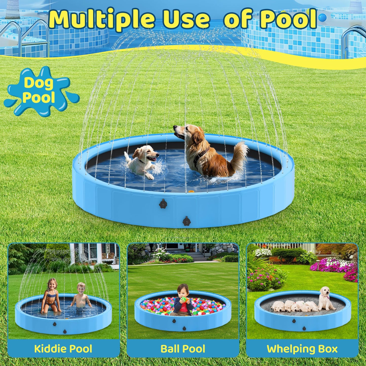 Raxurt Dog Pool with Sprinkler, 97'' Foldable Dog Pools for Large Dogs, 2-in-1 PVC Non Slip Pet Bathing Tub for Outdoor Backyard, Blue