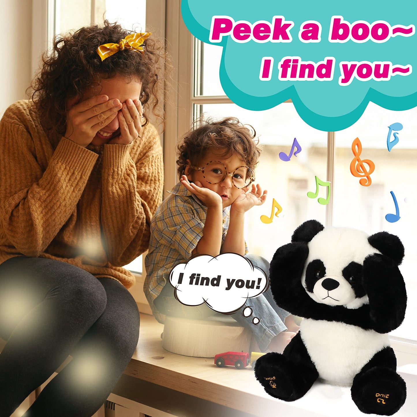 Cuteoy Peek A Boo Panda Bear Plush Toy Interactive Electric Stuffed Animal Repeats What You Say Singing Talking Musical Plushies Gifts for Christmas Birthday 11''