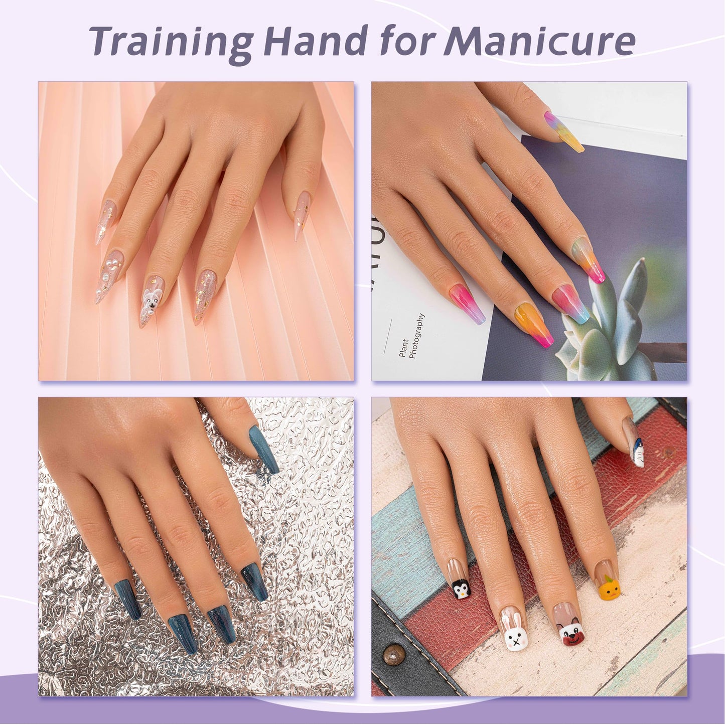 Veikmv Practice Hand for Acrylic Nails,Realistic Silicone Mannequin Hand with Flexible Fingers for Acrylic Nails, Gel Polish Training, Complete Nail Art Beginner Set with Brush & File