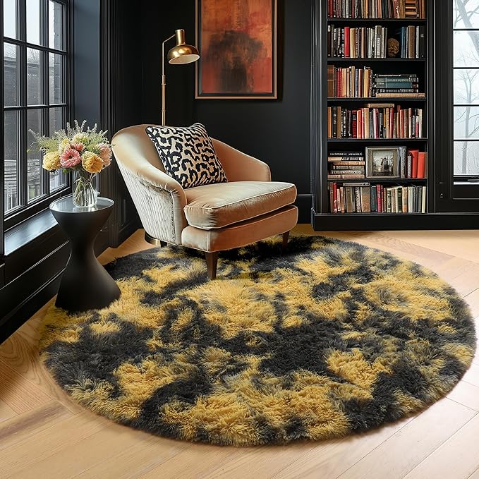 Amdrebio Black Gold Yellow Grey Round Circle Rugs 5Ft for Bedroom Living Room Decor, Fluffy Furry Area Rug for Kids Room Dorm Home Office, Modern Cool Leopard Cheetah Shag Carpet for Teen Boys Men
