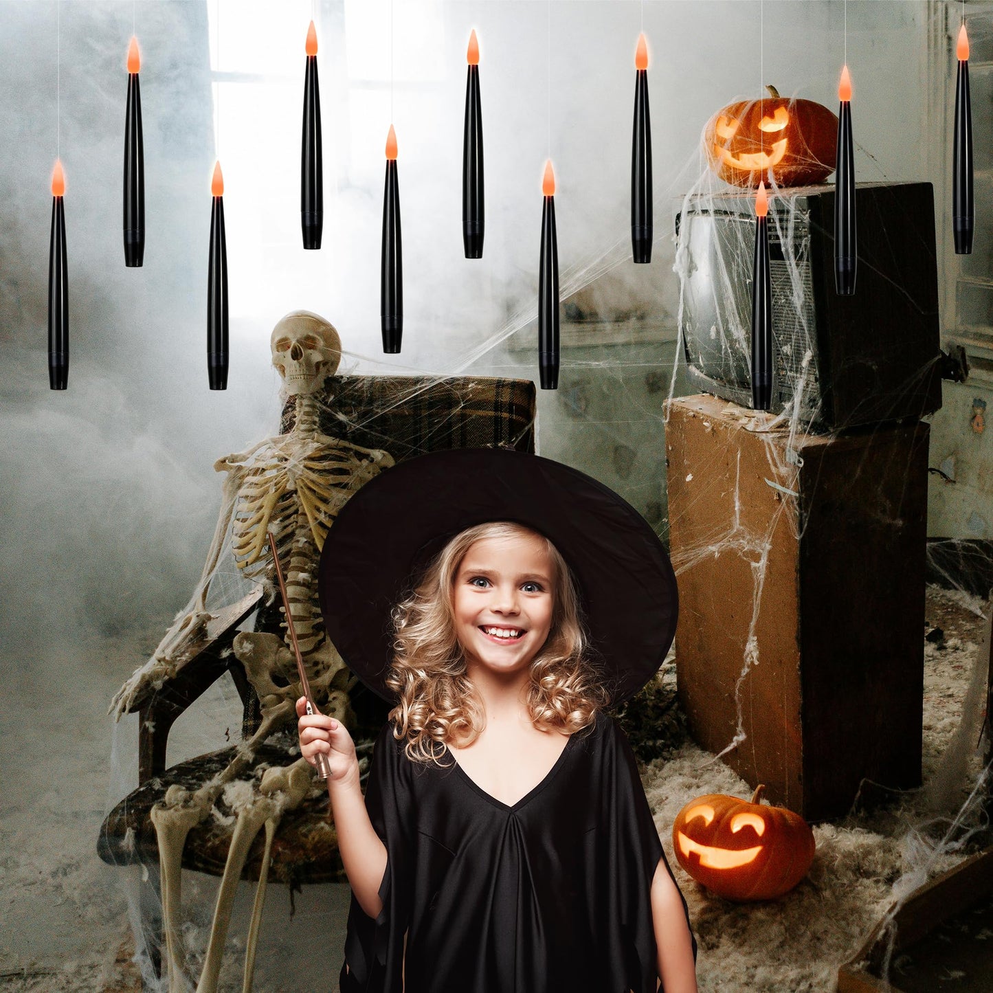 LUSHARBOR Floating Candles with Wand, Magic Halloween Decorations 10pcs Black Flameless Candles with Remote LED Battery Operated Candle for Halloween Decor Gift 6.1in