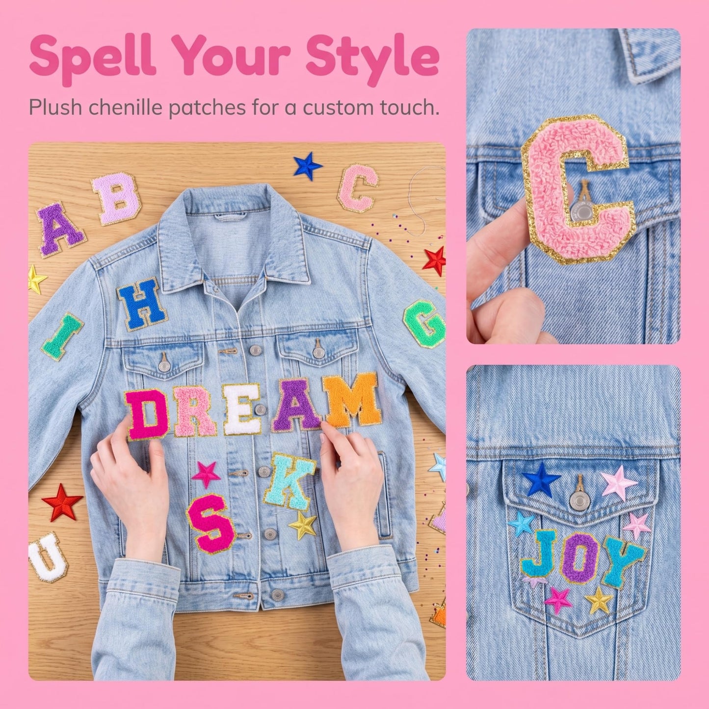 132 Pcs Varsity Letter Patches Kit - 104 Self Adhesive Chenille Letters & 28 Iron On Stars, No-Sew Fabric Patches for Clothes, Jackets, Backpacks, Hats, DIY Crafts (2.17", Multi-Color)