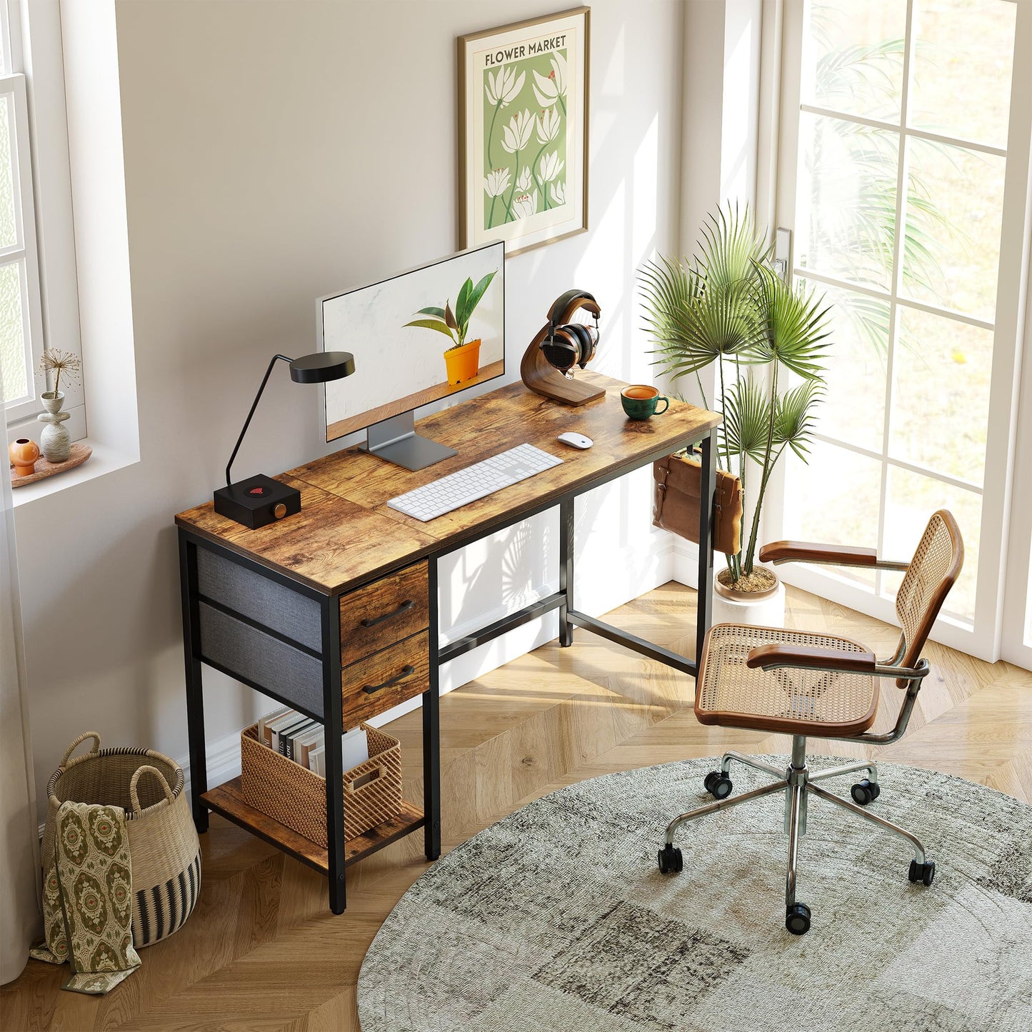 CubiCubi Computer Desk with 2 Drawers, 47 Inch Small Home Office Desk Study Writing Table, Rustic Brown