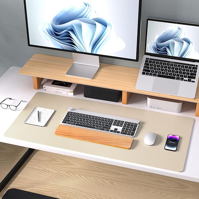Aothia Leather Desk Pad Protector, Mouse Pad, Office Desk Mat, Non-Slip PU Leather Desk Blotter, Laptop Desk Pad, Waterproof Desk Writing Pad for Office and Home (Beige, 36" x 17")