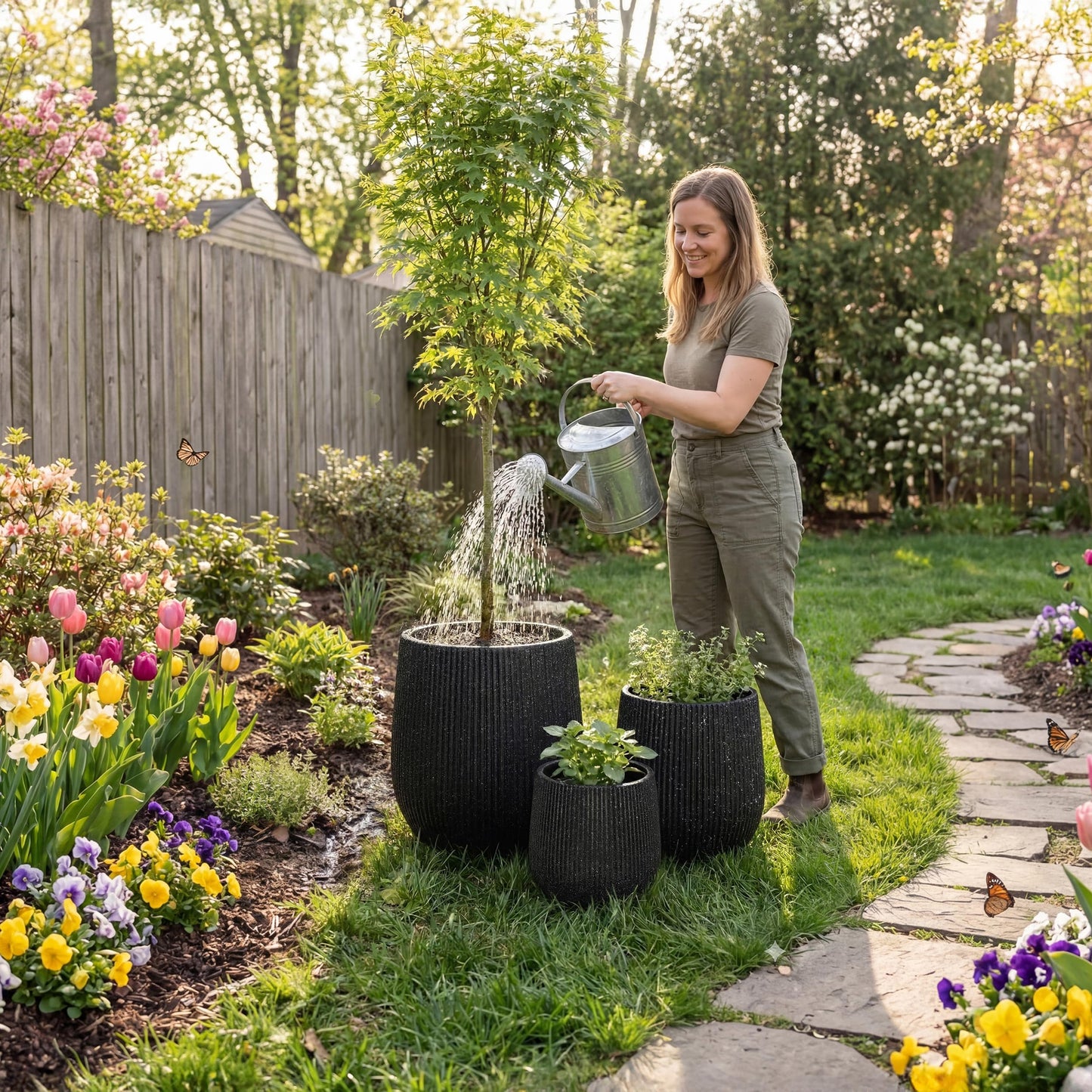 DTY Premium Mt Wilson Tall Tapered Fiberstone Planter for Indoor Outdoor Use, Modern Large Olive Tree Pot with Drainage Hole, 2 Coco Mats. Ribbed Black, Medium 15'' D x 16.7โ H. 11.2โ Pot Opening