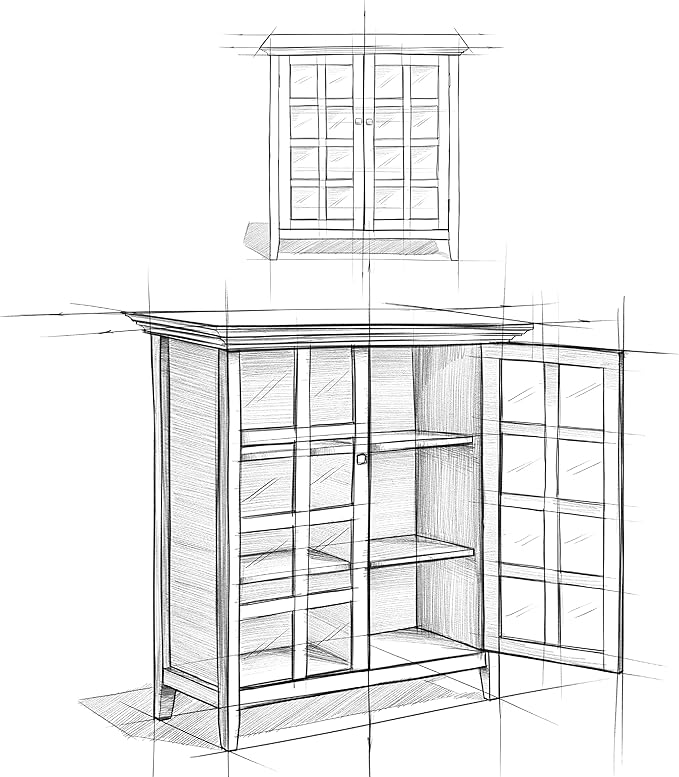 SIMPLIHOME Acadian Storage Cabinet - 39 inch Wide Solid Wood 4-Shelf Display Cabinet in Light Golden Brown, Transitional Cupboard for Living Room or Dining Room with Glass Doors and Adjustable Shelves