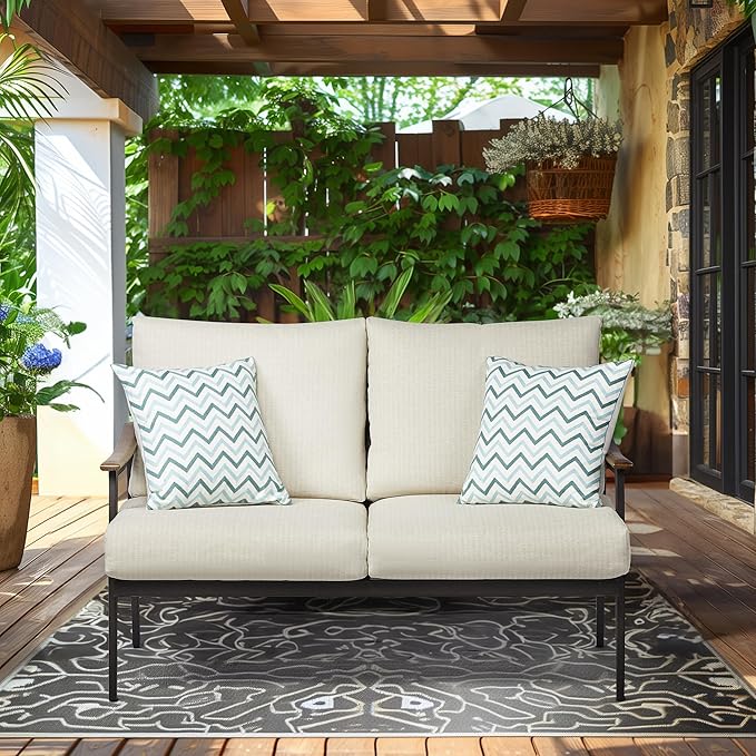 NATURAL EXPRESSIONS Patio Loveseat Sofa Outdoor Furniture Metal Chair with Wicker Backrest & 6 Inches Cushion for Indoor, Front Porch, Deck, Balcony, Backyard, 51.77"(L) x 29.75"(W) x 33.86"(H).