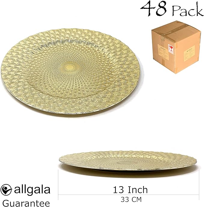 allgala Heavy Quality Round Charger Plates - Dinner Plates - Set of Charger Plates for Table Decor - Ideal for Weddings, Weddings, Thanksgiving Parties & Holidays - Peacock Gold (13-Inch 48-Pack)