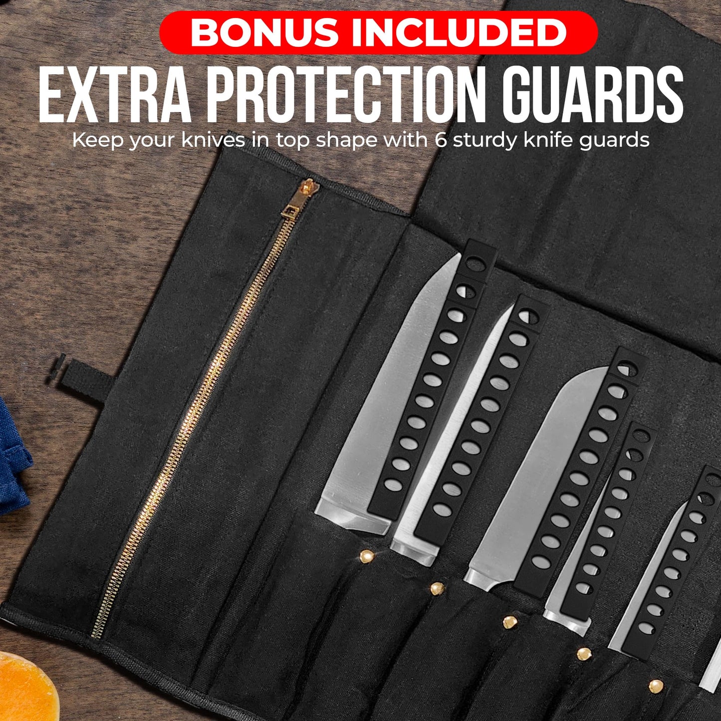 Chef Knife Roll Bag - Durable 6 Slot Black Waxed Canvas Knife Roll- Water Resistant Standard Knife Bag w/ Roll Tie, Large Zippered Pouch & 6 Plastic Knife Guards-Fits knives up to 2” wide & 15” long