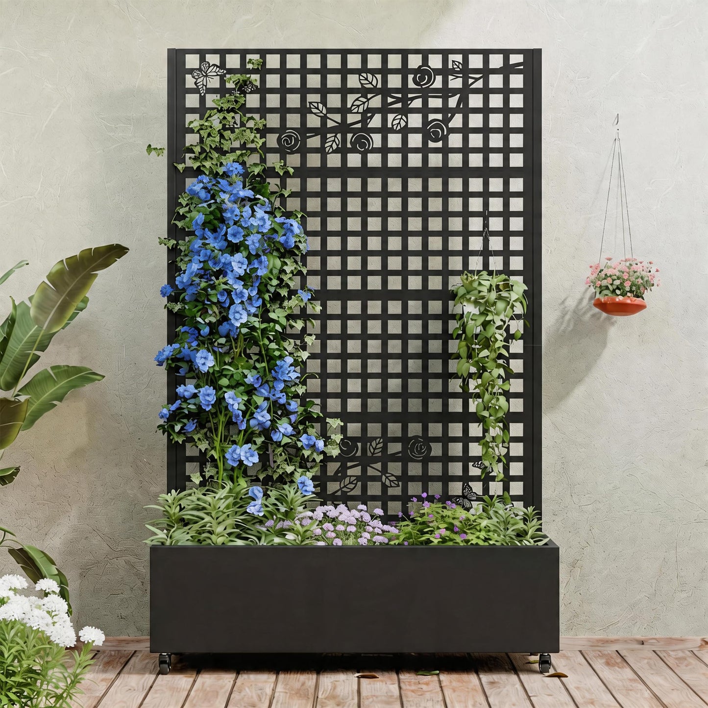 Coumy Metal Raised Planter Box with Trellis & Privacy Screen, 70.9"x 43.3"x 15.8"Free-Standing Garden Bed with Drainage Holes for Climbing Plants, Vegetables and Vines