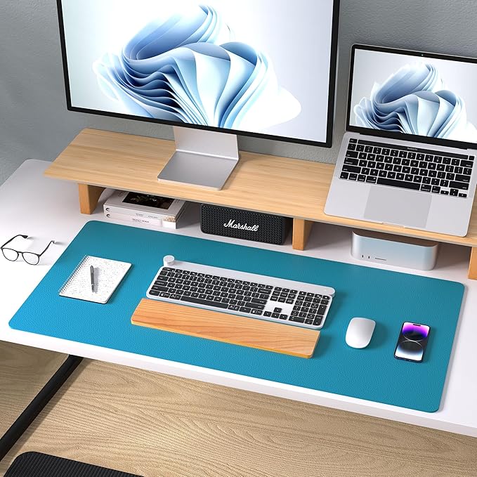 Aothia Leather Desk Pad Protector, Mouse Pad, Office Desk Mat, Non-Slip PU Leather Desk Blotter, Laptop Desk Pad, Waterproof Desk Writing Pad for Office and Home (Turquoise,36" x 17")