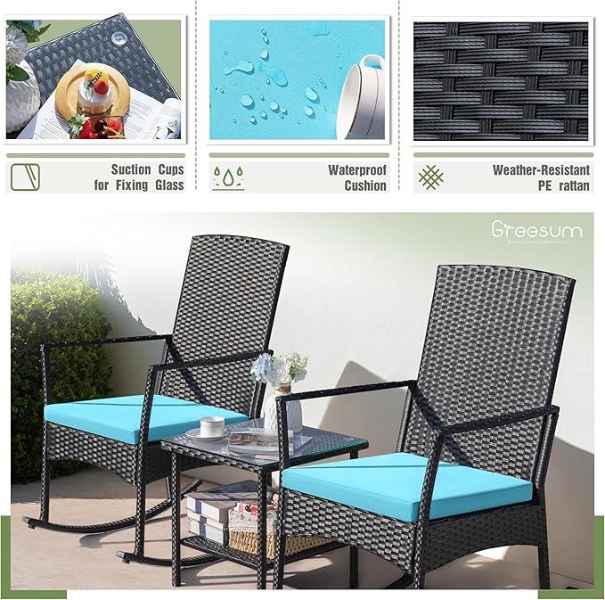 Greesum 3 Pieces Patio Furniture Set Outdoor Wicker Rocking Chairs with Glass Coffee Table for Garden Backyard Porch Poolside, Blue