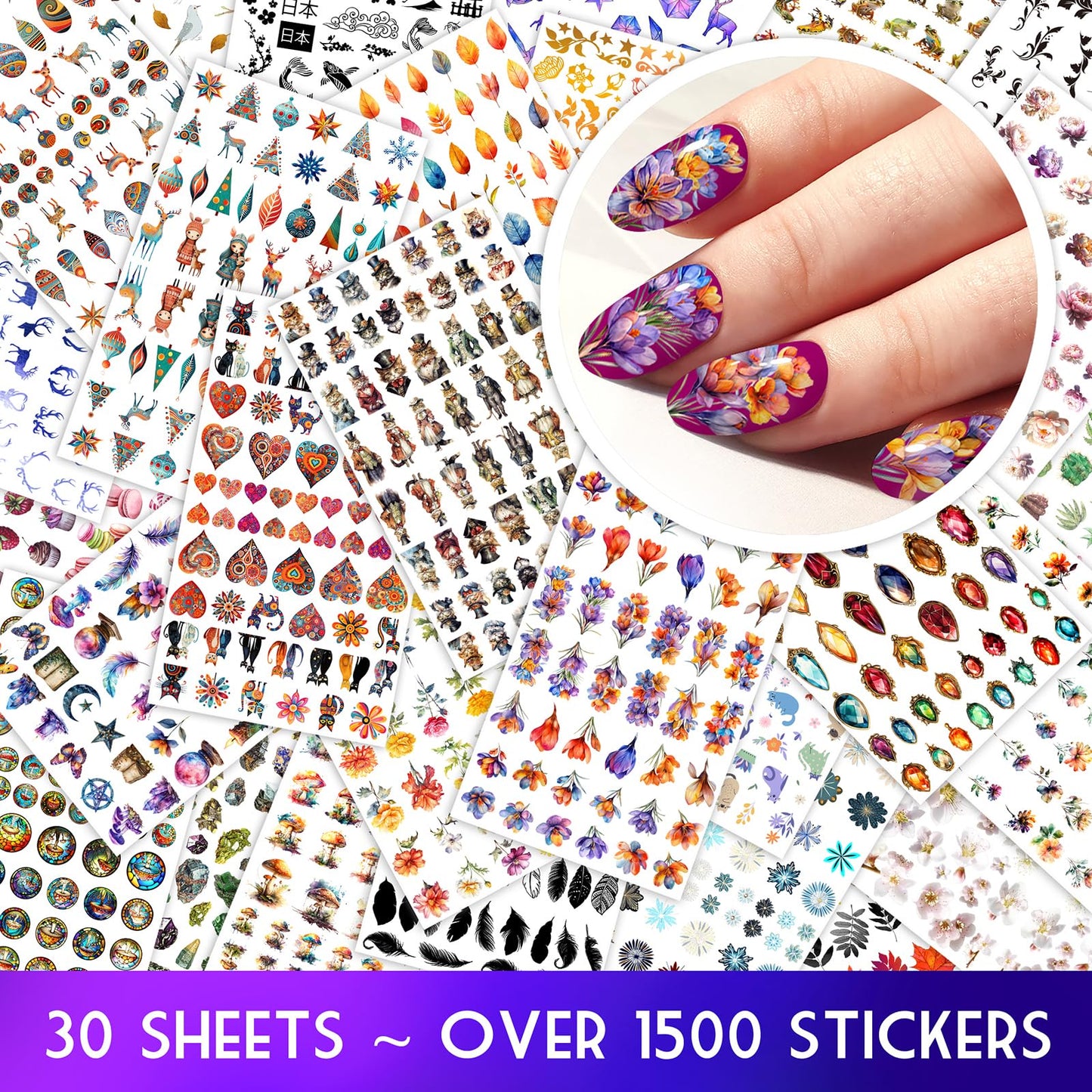 30 Sheets Nail Stickers Collection ~ Bright Floral Garden ~ Mixed Flowers Leaves Hearts and Decorative Elements in Vibrant Detailed Style Creating Fresh Lively Manicure Decals