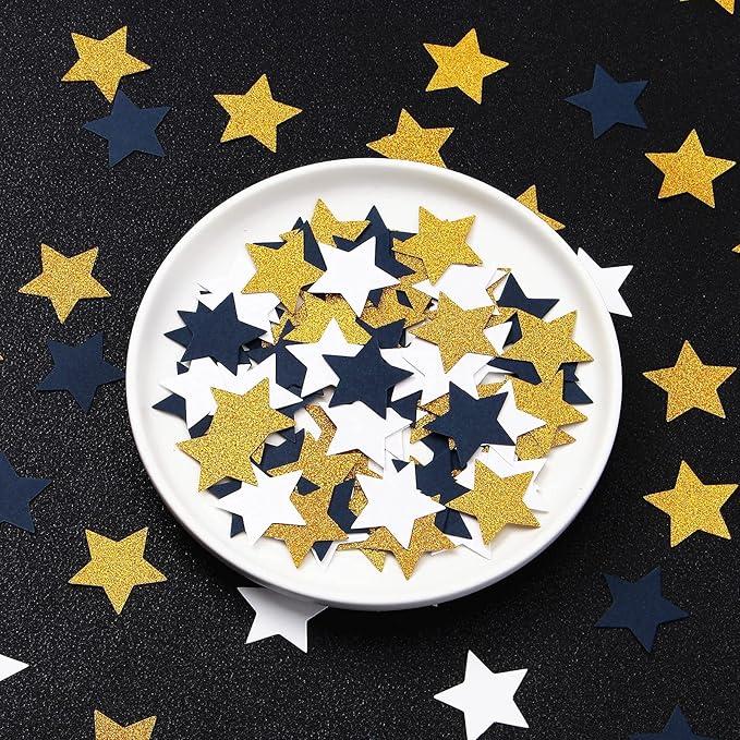 300pcs Navy Blue White Gold Confetti,Glitter Paper decor Twinkle Little Star Table Confetti,Birthday Graduation 2025 Fathers Day Wedding Baby Shower Party Decorations Circle Dots Lasting Surprise