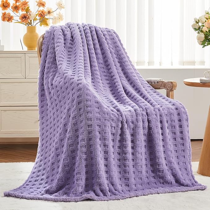 NEWCOSPLAY Super Soft Queen Blanket Lavender Premium Silky Flannel Fleece 3D Waffle Checkered Lightweight Bed Blanket All Season Use (Lavender, Queen(90"x90"))