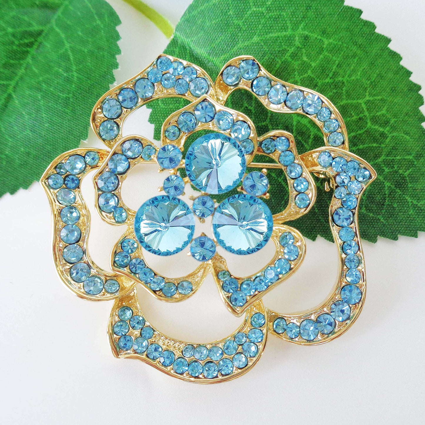 Navachi 18k Gold Plated Blue Crystal Blooming Rose Flower Az7438b Brooch pins