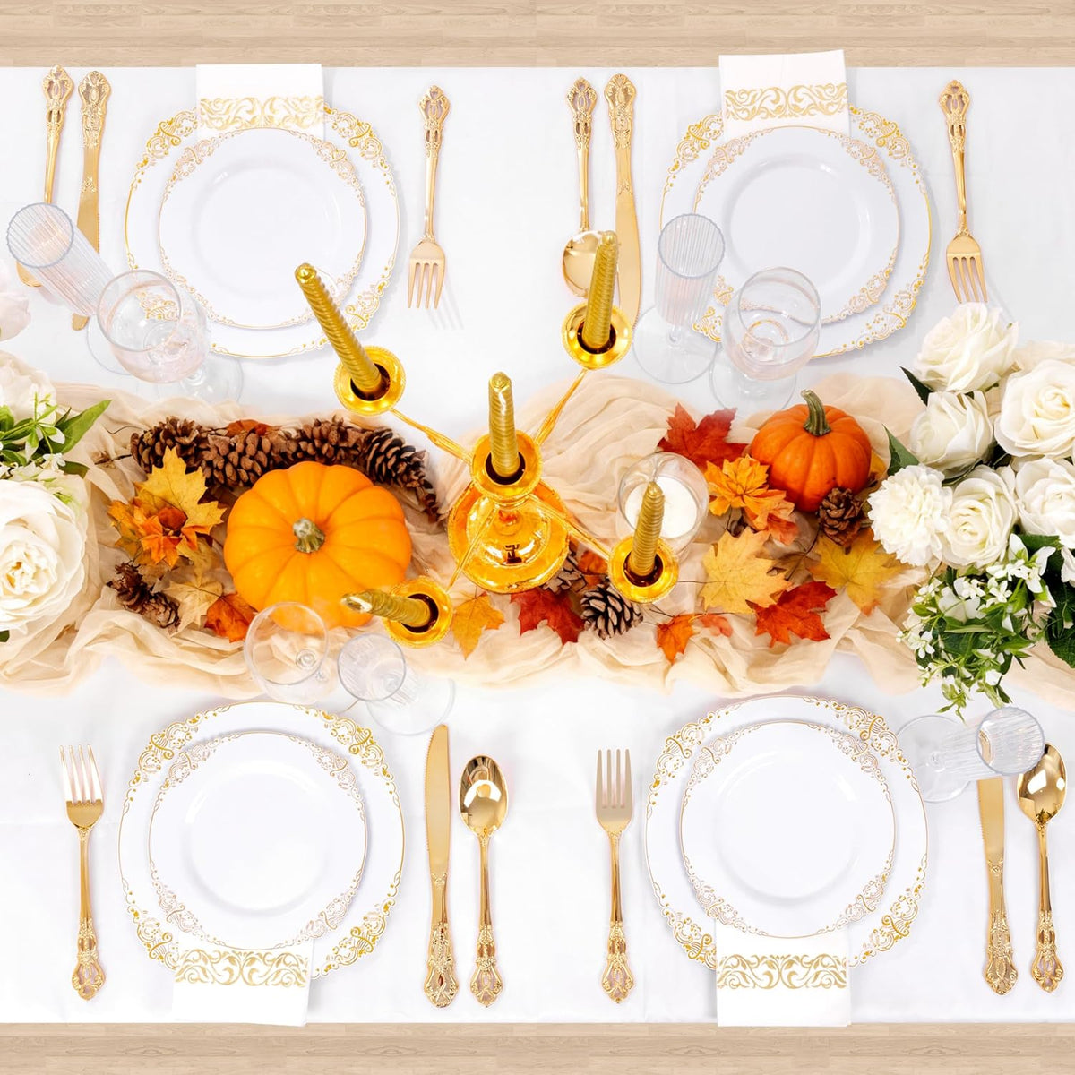 Ciaell 300PCS White and Gold Plastic Plates - Gold Disposable Dinnerware Sets for 50 Guests - 100 Plates, 50 Knives, 50 Forks, 50 Spoons, and 50 Napkins for Wedding, Anniversary, Party & Thanksgiving