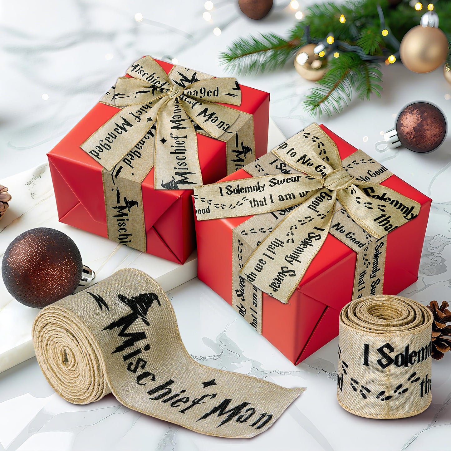 Mizelu 2 Rolls 2.5" x 6 Yards Christmas Wizard Wired Ribbon, Wizard Wired Edge Fabric Ribbon, Christmas Tree Bow Making Fabric Ribbons for Xmas DIY Crafts Gift Wrapping Party Decoration