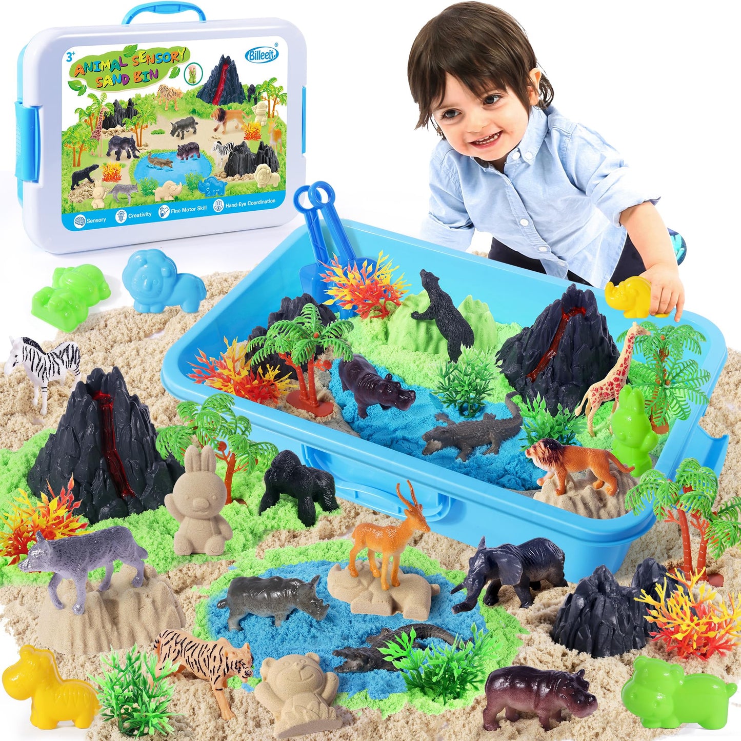 Billeeit Animal Sensory Bin Sand Toy, Play Sand Kit w/lid and 2.2lbs Moldable Sensory Sand, Molds, Tools, Map Set 35pcs Total, Fun Gifts for Kids 3+