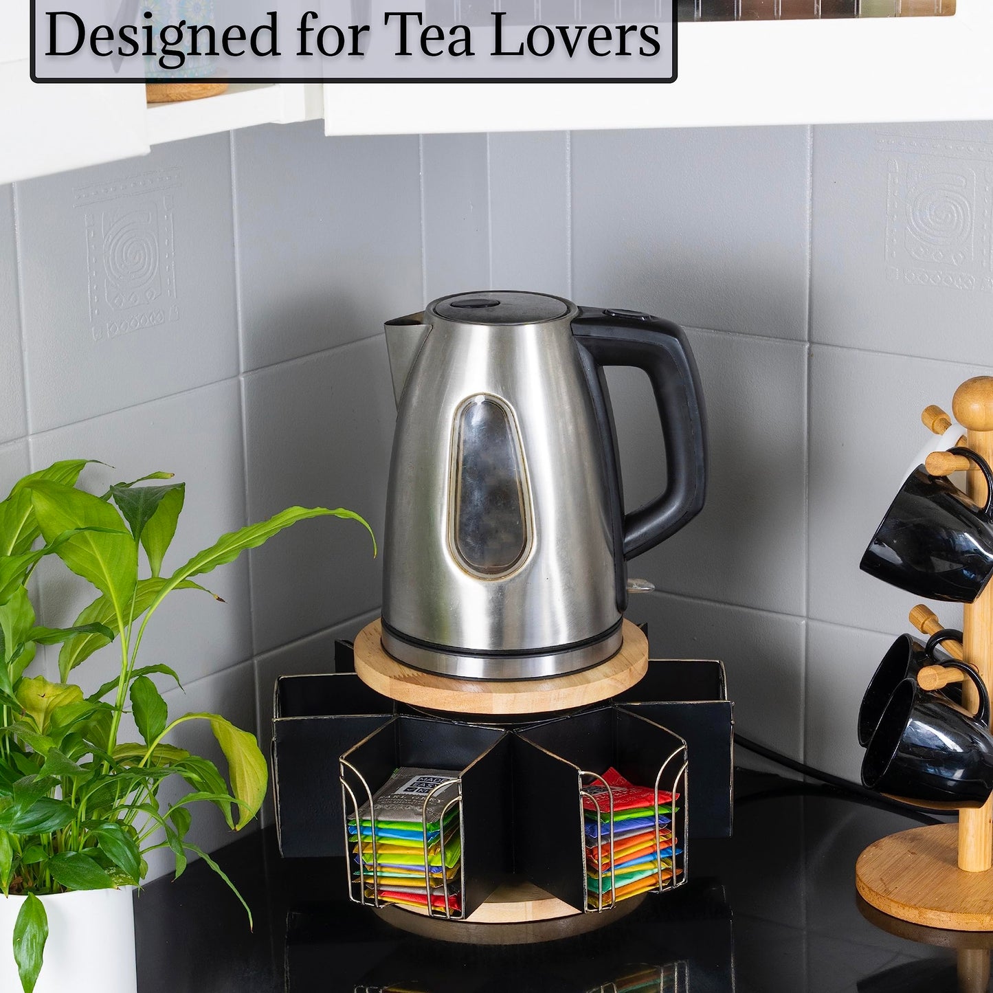 Made Easy Kit Metal Carousel Tea Bag Organizer & Kettle Stand Caddy- Modern Countertop Storage Solution for Tea Bags - Convenience for Home, Office, Kitchen (Black)