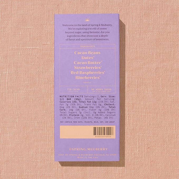 Spring & Mulberry Dark Chocolate Bars – Healthy Dark Chocolate, Date-Sweetened - Mixed Berry 3 Pack