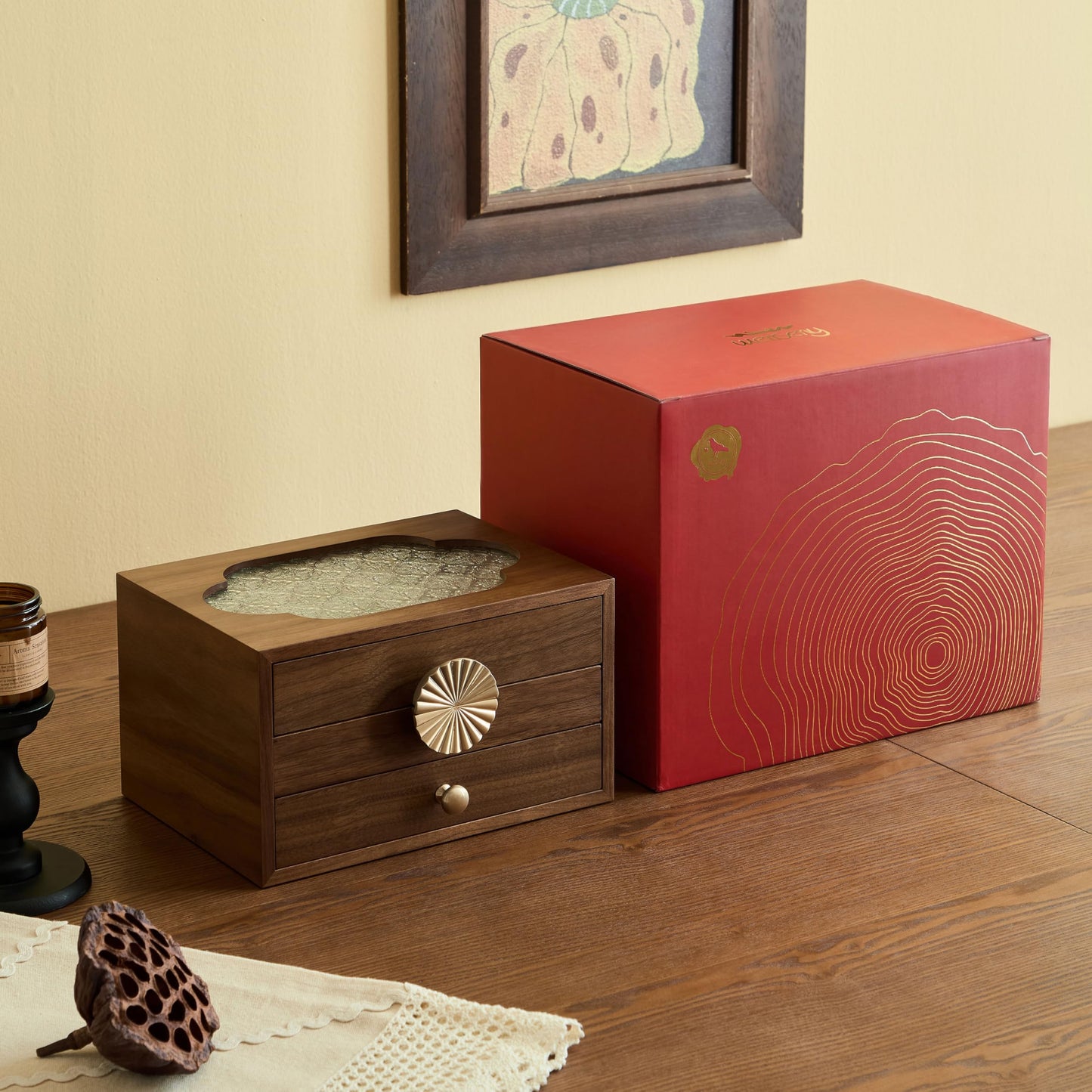 Wenseny Walnut Jewelry Box Organizer with Glass Lid, Wooden Jewelry Storage with Drawers & Metal Pulls - Perfect for Weddings, Birthdays, Mother's Day (3 Layers, Brown)