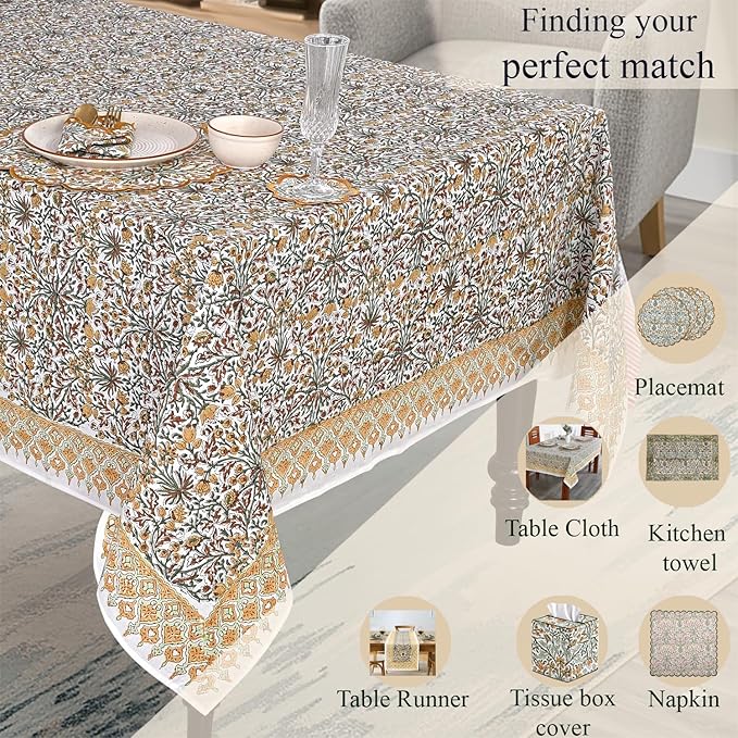 Ridhi Hand Block Print Goldenrod Yellow Rectangle Cotton Tablecloth 102" x 48" Reusable Table Cover Decorative Everyday Use for Dining, Farmhouse, Home Gift for Spring, Easter, Valentine