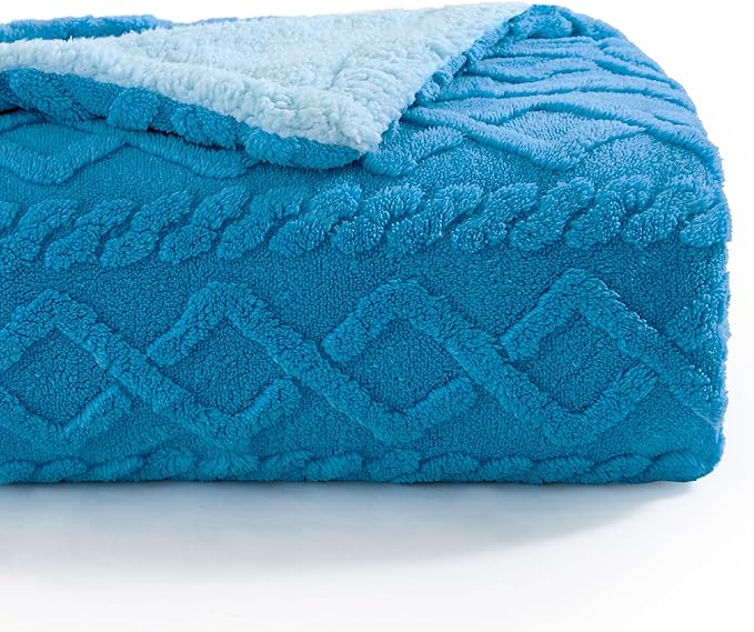 Bedsure Sherpa Fleece Throw Blanket for Couch - GentleSoft Fluffy & Cozy Cable Jacquard Tufted Throw for Women Gift, Thick and Warm Blankets for Winter, Horizon Blue, 50x60 Inches