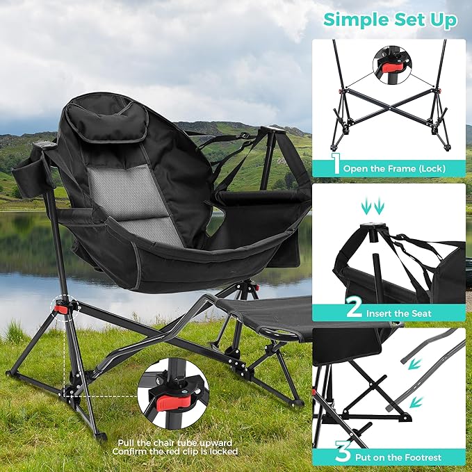 Ainfox Hammock Camping Chair with Footrest, Foldable Portable Rocking Chairs for Adults Outside Swinging Camp with Cup Holder Pillow for Outdoor Patio Poolside (Black)