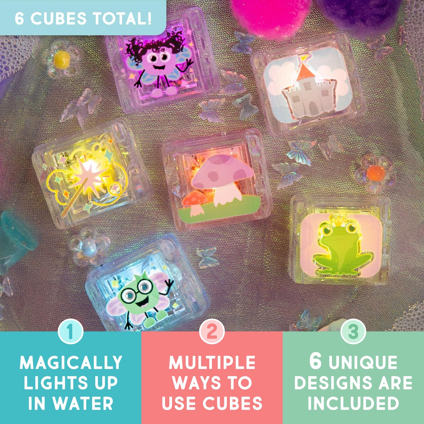 Glo Pals Water-Activated Light-Up Cubes for Bathtime and Sensory Play - Includes 6 Reusable Light-Up - Sensory Toys and Glowing Bath Cubes for Kids and Toddlers - Fairy