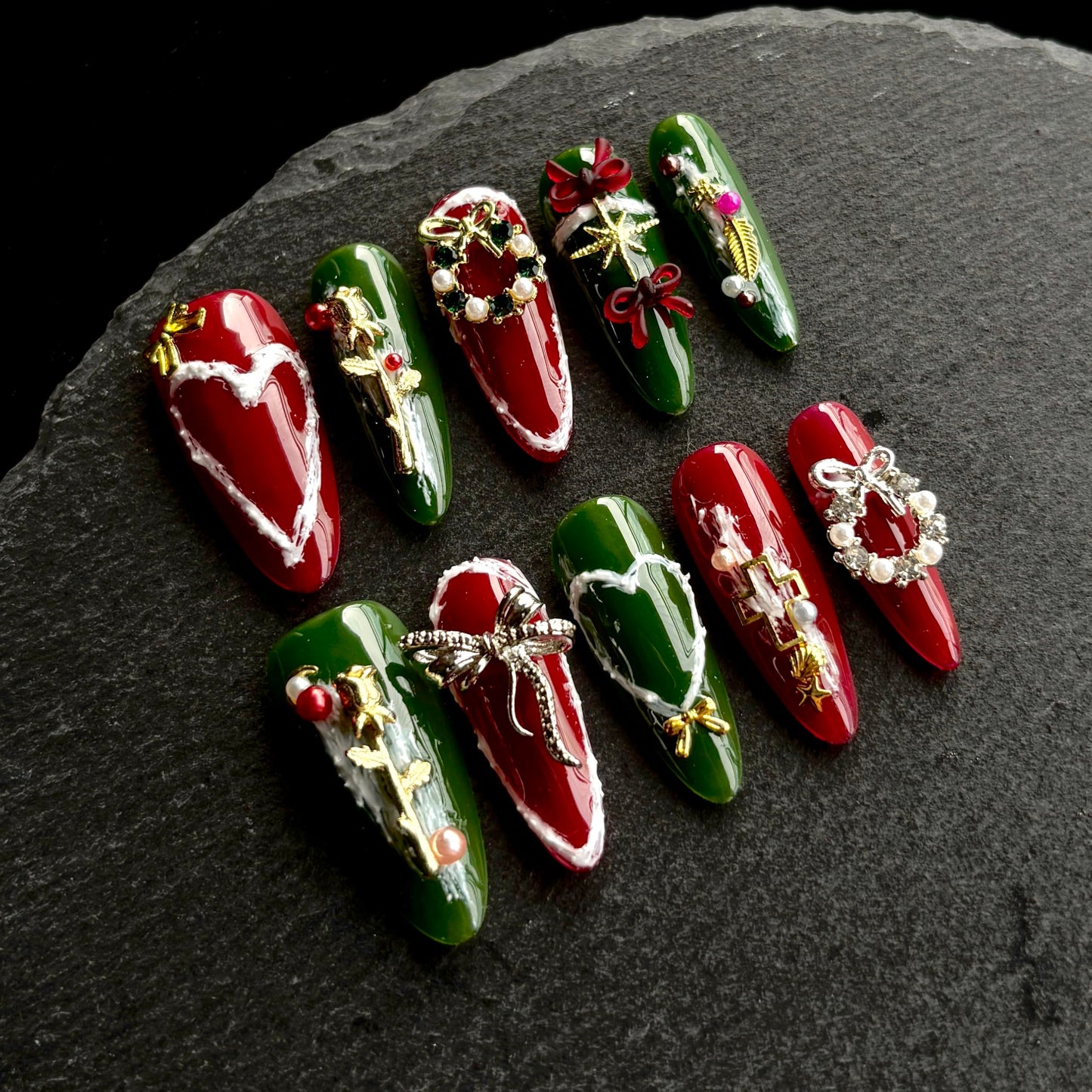 Handmade Press on Nails Medium Almond- Long Fake Nails,3D Unique Reusable ABS Material Fake Nails, Cartoon Snowflake Design False Nails (M, 001)