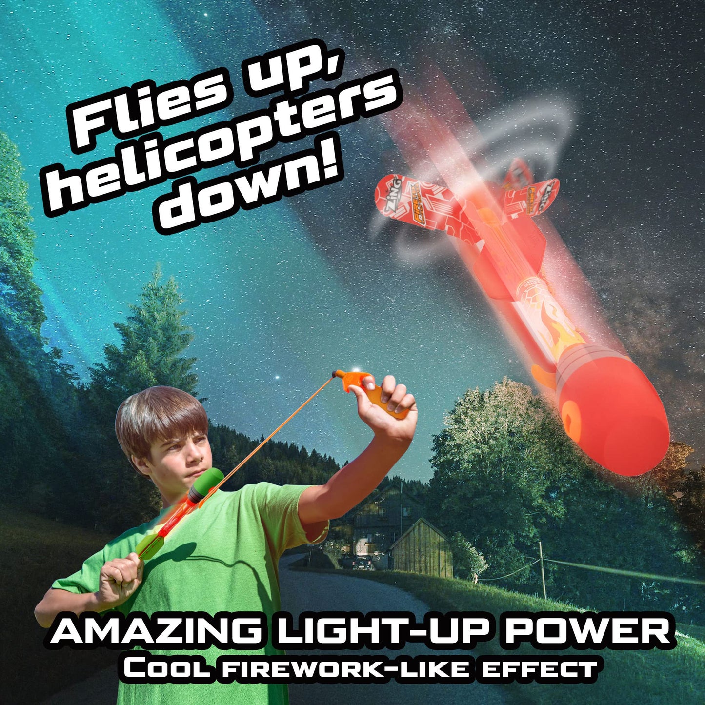 Zing Firetek Rocket Combo Pack, Light-Up Toys Include 2 Firetek Rockets (Fly up to 250 Feet), 2 Firetek Copters (Fly up to 150 Feet) and 1 Rip Zip Launcher, for Kids Ages 8 and Up