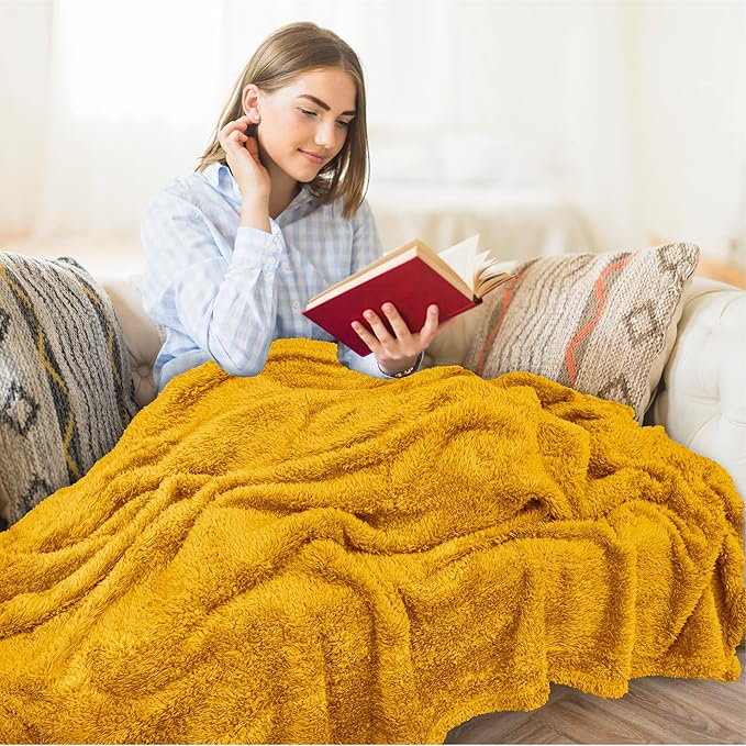 PAVILIA Sherpa Throw Blanket for Couch Sofa, Mustard Yellow Fluffy Warm Plush Blanket for Twin Bed, Cozy Super Soft Lightweight Throw, Fuzzy Decorative Blanket, All Season Home, 60x80