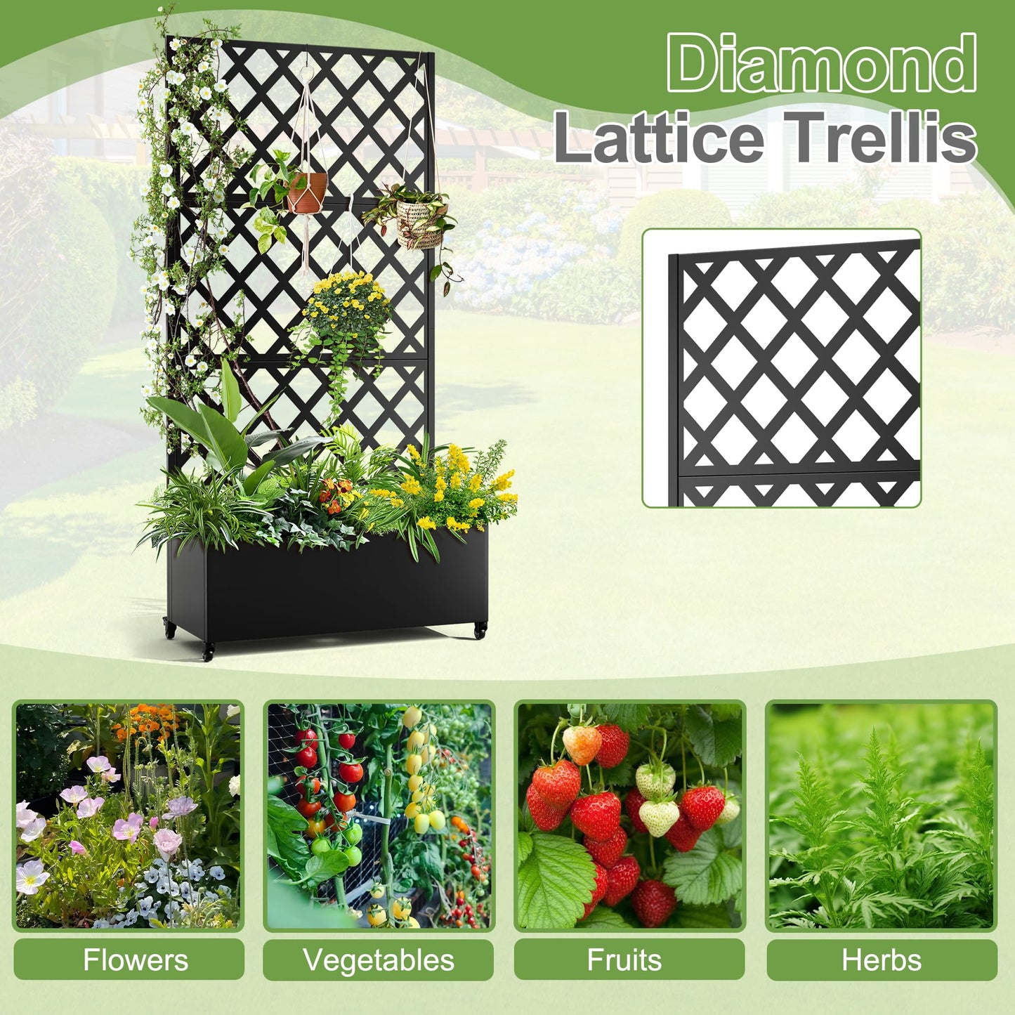 YESUNEED Metal Planter Trellis Box with Wheels & Drain Plug Outdoor Raised Garden Bed Patio Privacy Screen with Planter for Climbing Plants, Vegetables 73"x35"x16" Black-Diamond