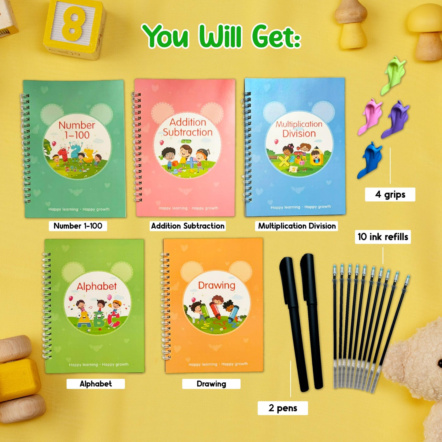 Creative Steps Magic Grooved Writing Practice Books for Kids Ages 3-5 - Reusable Handwriting Workbook Set with 5 Tracing Books, 2 Pens & 10 Refills - Alphabet Numbers Math Drawing Learning Toys for Preschool Toddlers