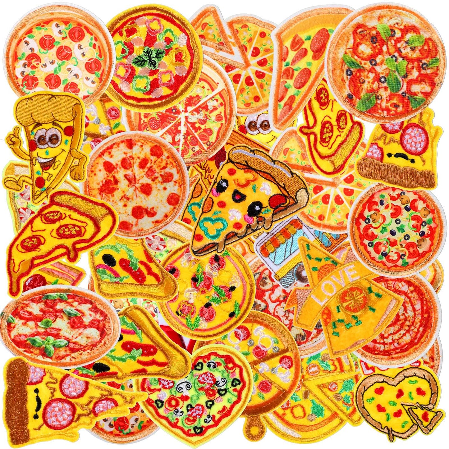 Tigeen 48 Pcs Pizza Iron on Patches Cute Pizza Bulk Embroidered Patches for Hats Clothes Repair Kit Sew on Applique DIY Accessory for Backpack Pants Jeans