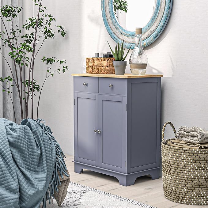 HOMCOM Sideboard with Solid Wood Countertop, Modern Kitchen Storage Cabinet, Coffee Bar Cabinet with 2 Drawers, Doors and Adjustable Shelf, Gray