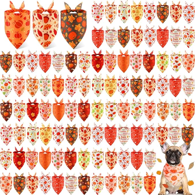 Chunful 100 Pcs Fall Dog Bandanas Bulk Maple Leaf Print Autumn Pet Bandana