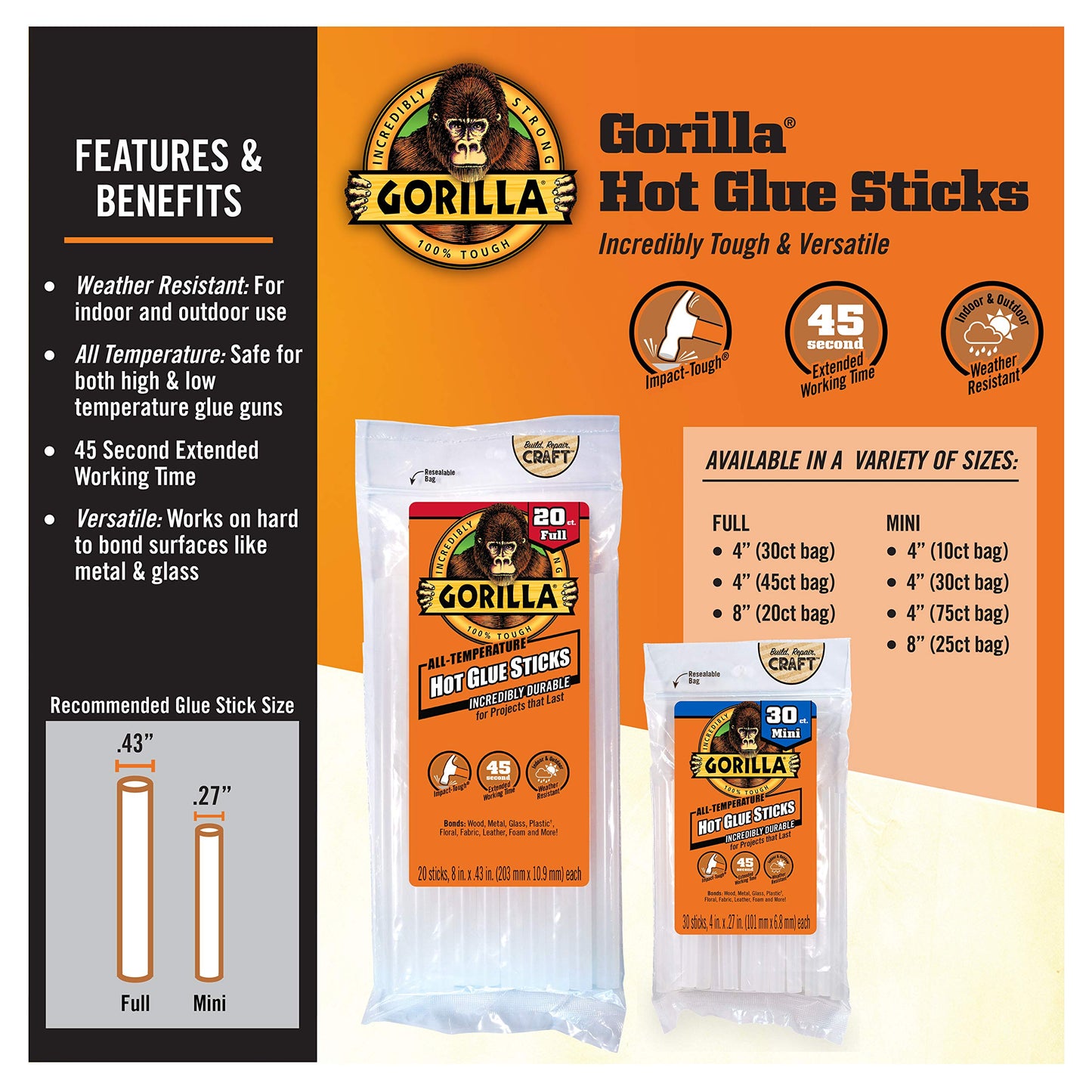 Gorilla Dual Temp Mini Hot Glue Gun Kit with Gorilla Hot Glue Sticks (75 Count)