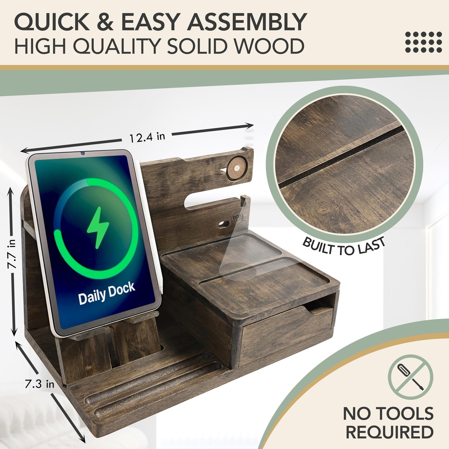 EcoLeafy Dot Nightstand Organizer- Phone Docking Station for Men- Unique Gifts for Husband, Father or Dad from Wife, Son or Daughter- Desk Organizer for Cellphone, Watches, Wallet and Key (Rustic)
