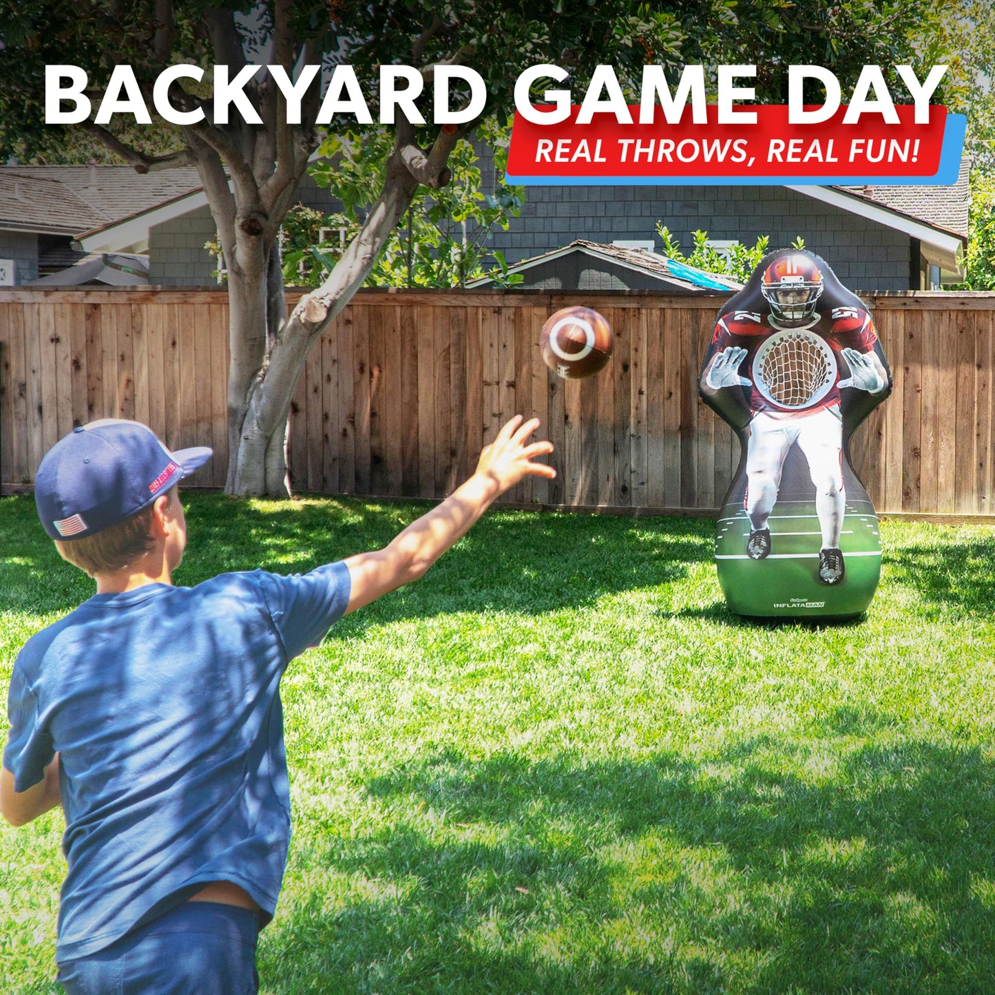 GoSports Inflataman Football Challenge - Includes 4 Rubber Footballs, Ball Pump, and Scoreboard - Inflatable Receiver Touchdown Toss Game