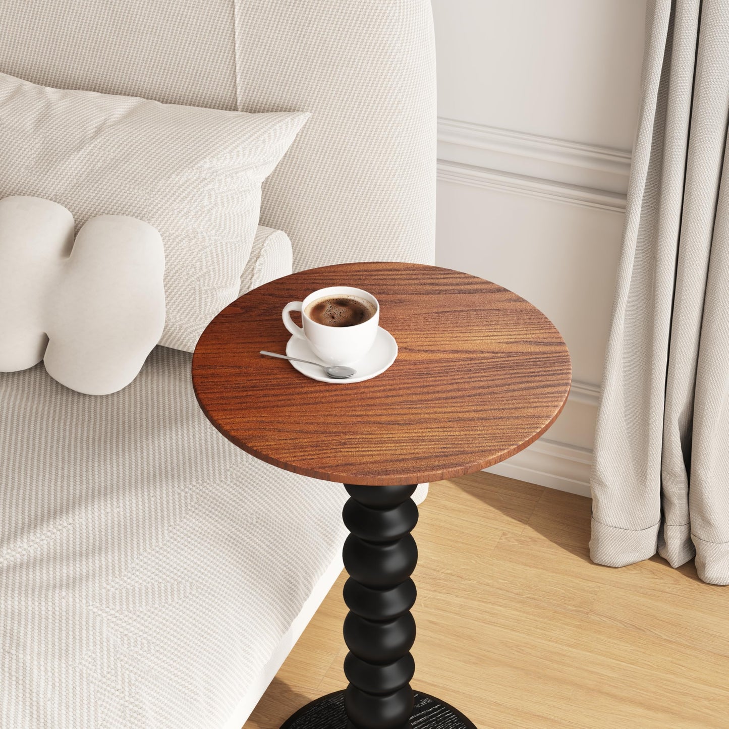 zaowofires Solid Wood Round Side Table, Small Drink Table,Cocktail Table, Wooden Pedestal End Table, Plant Stand for Living Room, Bedroom,Office and Corners (Walnut/Black, 11.8" W*21.65" H)